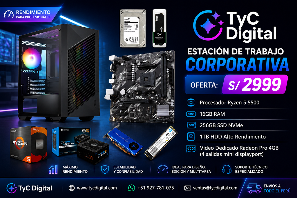 PC Corporativa AMD Ryzen 5 5500, 16GB RAM, 256GB SSD + 1TB HDD, Video Dedicado 4GB