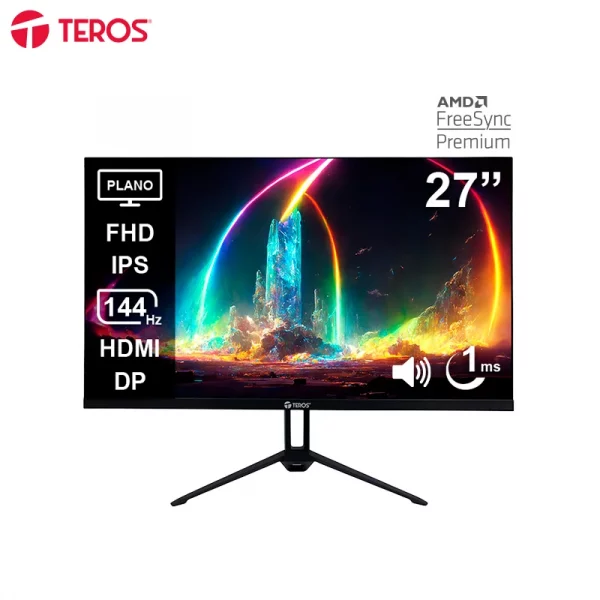 Monitor plano TEROS TE-2714S, 27″ FHD IPS, 144Hz, 1ms, HDMI, DP, Audio out, Parlantes