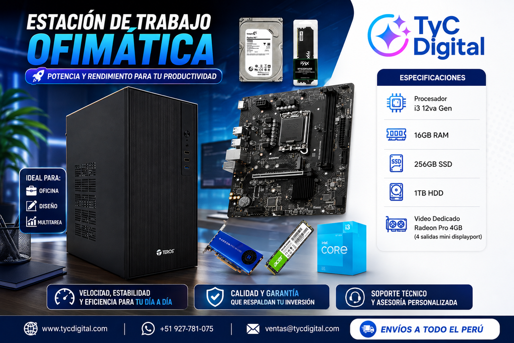 [PC-] PC Empresarial Multiproposito Core i3 12va Gen, 16GB RAM, 256GB SSD + 1TB HDD, Video Dedicado 4GB